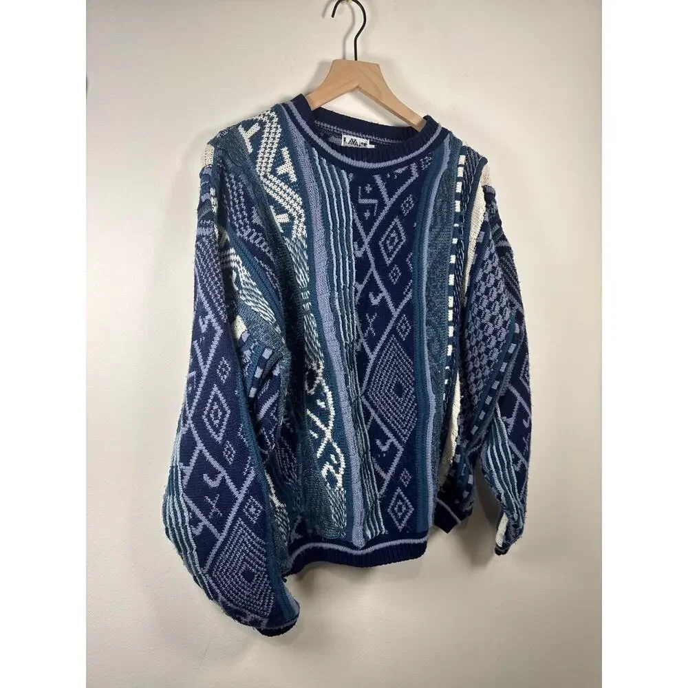 Lavane New York Vintage Coogi Style Textured Pattern Knit Crewneck Sweater - Picture 4 of 8